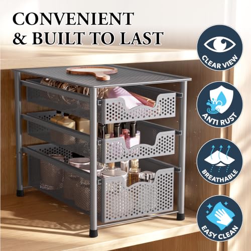 Stackable 3 Tier Sliding Basket Organizer Drawer, Silver - view 5