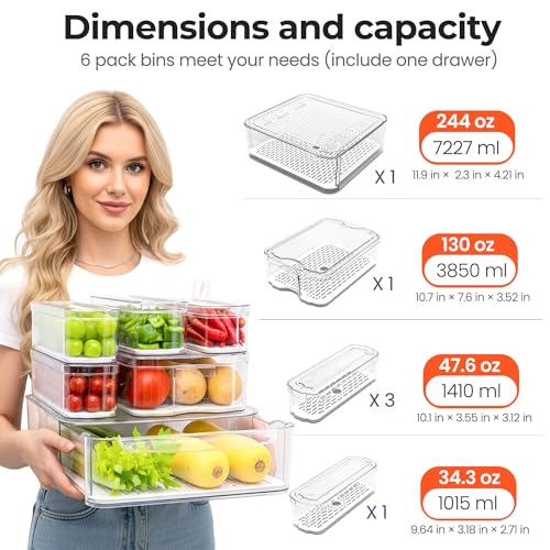 Clear Fridge Bins with Drain Trays - BPA-Free PET, Stackable(6 Pack) - view 6