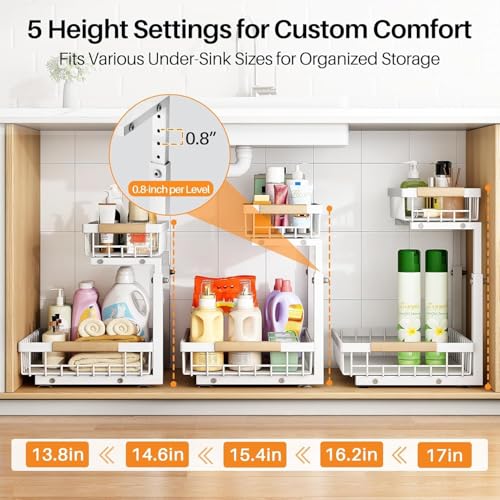 Under Sink Organizer, Adjustable Height, 2 Tier Pull Out Under Cabinet Organizer, Slide Out Thickened Metal Under Sink Storage for Kitchen Bathroom Laundry Pantry Cabinet, White, Large-2-Pack - view 5