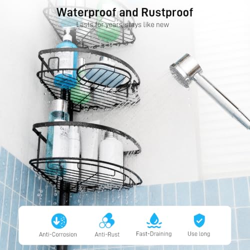Corner Tension Pole Shower Caddy, 4 Tier Rustproof Shower Tension Rod Organizer with Soap Holder & Hooks, Adjustable 33-125 Inch Bathroom Shelf for Renters - Family Stand Storage Rack, Black - view 6