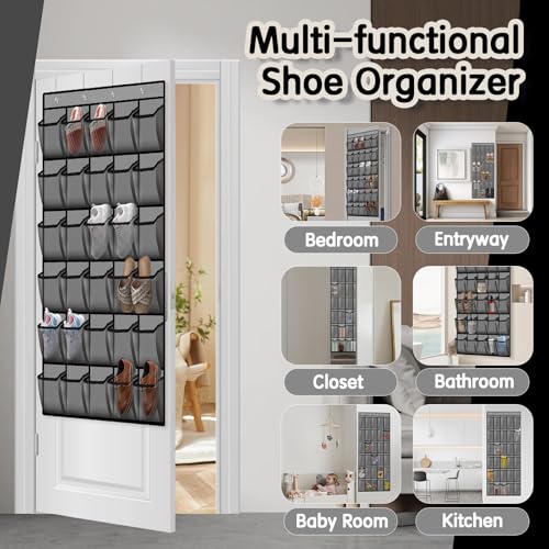 Over the Door Shoe Organizer with 30 Breathable Mesh Pockets - Large Capacity Closet Storage for Men & Women, Hanging Shoe Rack Organizer (Gray) - view 5