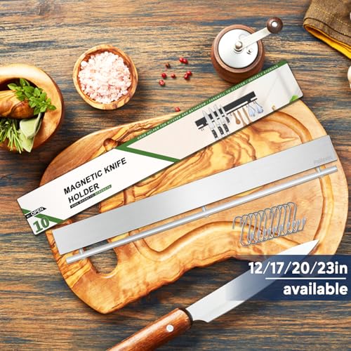 20 inch magnetic knife holder with 10 hooks, no drilling knife magnetic strip, and utensil hanger for wall. Powerful knife magnet rack includes tape and screw - view 2