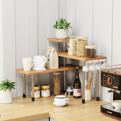 3 Tier Corner Shelf Bamboo Countertop Organizer Bookshelf Display Shelves Space Saving Rack for Living Room, Kitchen, Office (with Hooks)