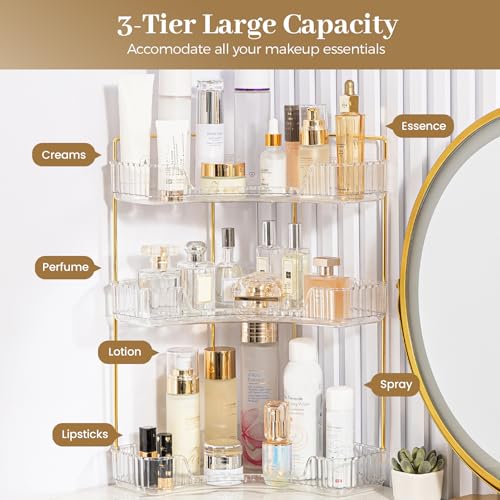 Corner Bathroom Counter Organizer, Bathroom Countertop Shelf Makeup Storage, Clear Perfume Tray Holder (3 Tiers, White) - view 2