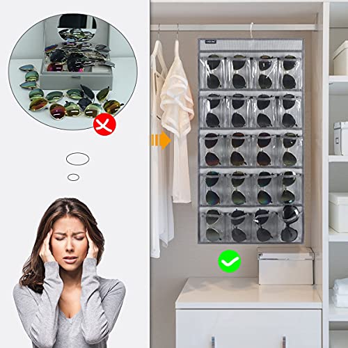 Dual Sided Hanging Sunglasses Organizer Storage Wall Mounted Eyeglasses Holder Eyewear Display Case with 40 Clear Slots (40 Pockets-Grey) - view 2