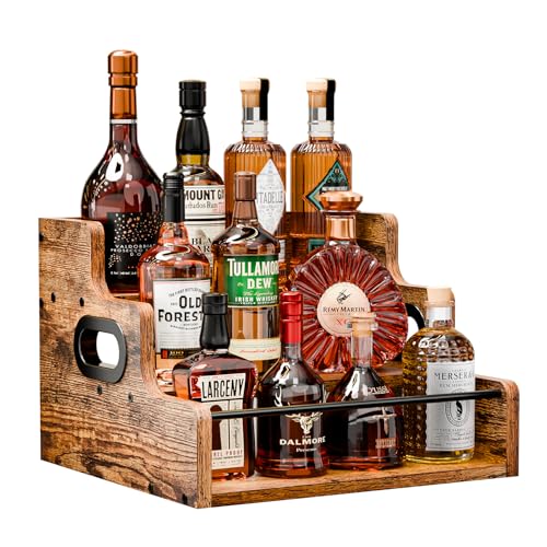 Liquor Bottle Display Shelf, Coffee Syrup Rack Organizer, 3 Step Countertop Liquor Wine Rack, mini bar,liquor cabinet, Home Retro Bar Shelf Stand for Liquor Whiskey, Spirits