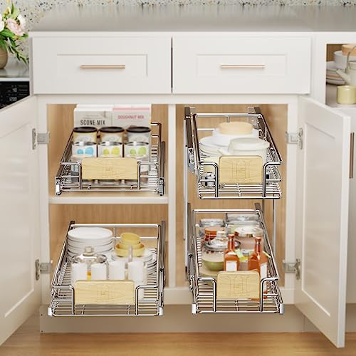 2 Tier Pull Out Cabinet Organizer 7½" W x 21½" D, Slide Out Drawers with Wooden Handle, Sliding Shelves Organization and Storage for Kitchen, Pantry - view 2