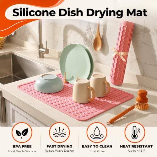 2 Pack Multicolor Silicone Dish Drying Mat for Kitchen Counter Placemats Chef Mother Essentials Espresso Machine Station Utensil Holder Rack Washer Trivets Oven Tools Cute Girl Pink Gifts - view 2