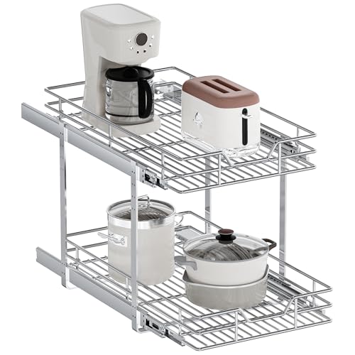 2-Tier Pull Out Cabinet Organizer, 16.5" W x 21.5" D, Heavy Duty Dual Slide Out Shelves for Base Cabinets, Chrome Wire Basket Drawer for Pantry, Kitchen & Bathroom Storage