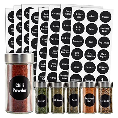 Spice Labels Stickers - 144 Round 1.5-Inch Water-Resistant Vinyl - Preprinted Chalkboard-Style Labels for Glass Spice Jars & Seasoning Containers - Pantry Organization