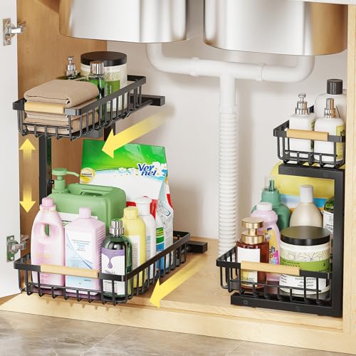 CARQSENG Under Sink Organizer 16" Deep Pull Out, 2 Tier Height-Adjustable (13.8-17in) Under Sink Organizers and Storage, Metal Under Sink Drawers Slide Out for Kitchen Bathroom