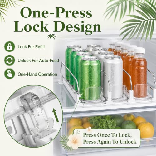 Drink Organizer for Fridge, Adjustable Width Soda Can Dispenser for Refrigerator Organizers and Storage, 3 Rows Beer Bottle Beverage Holder with Pusher Glide (14.96" D, White) - view 4