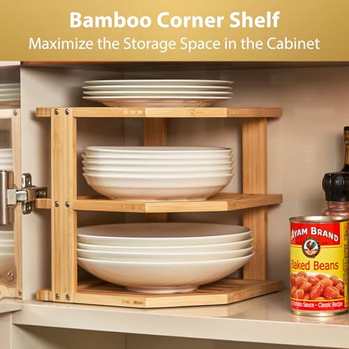 Plate Organizer for Cabinet, Bamboo Corner Shelf, Dish & Bread Organizer, Spice Rack, Kitchen Bathroom Countertop Storage Organization Space Saver - view 3