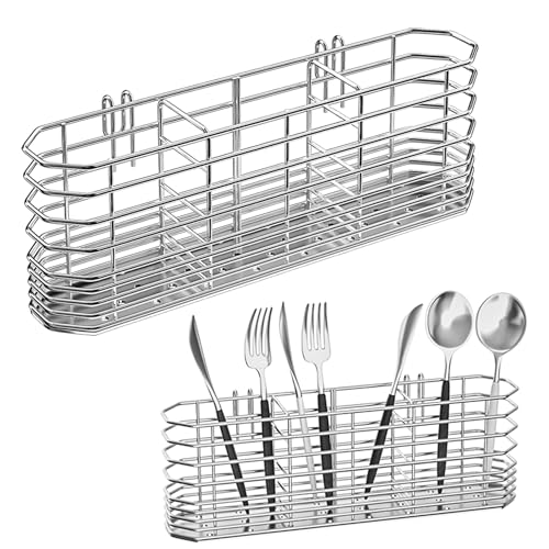 304 Stainless Steel Utensil Holder, Dish Drying Rack, kitchen Utensil Organizer, Knife and Fork Drainage Rack, Kitchen Drainage Basket Accessories, With Hooks, Rust Proof, Color-Silver
