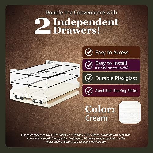 Large Pullout Sliding Spice Rack Organizer - 2 Individual 1 Tier Drawers - Premium Rolling Seasoning Holder/Caddy for Hidden Pantry Storage - Made in USA (6.9''W x 5.0" H x 10.6''D) - view 2