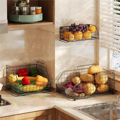 3-Tier Fruit Basket for Kitchen Counter, Stackable Wire Baskets Wall, Potato and Onion Storage Bins, Pantry Organizers, Pantry Storge and Storage for Potato, Onion, Produce, Fruit, Vegetable, Snack - view 2