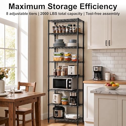 8-Tier Wire Shelving Unit Adjustable Steel Wire Rack Shelving, 80.7 Inches Height 8 Shelves Metal Storage Rack, Pantry Shelves for Storage with PE mat, NSF Certified, Black - view 6