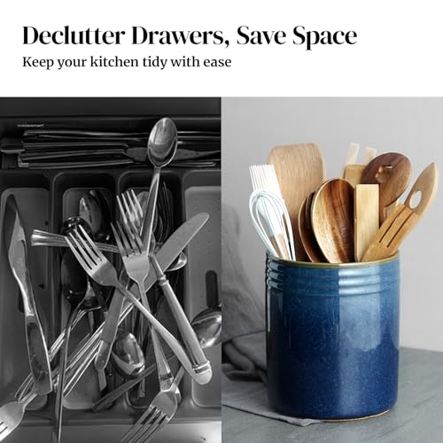 7.2" Kitchen Utensil Holder, Extra Large Farmhouse Utensil Holders for Countertop, Ceramic Utensil Crock, Anti Slip Cork Bottom - view 5