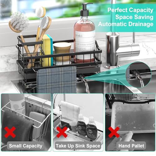 Sponge Holder for Kitchen Sink - Countertop Rustproof Stainless Steel, Sink Caddy, Kitchen Gadgets Accessories (Black) - view 6