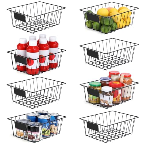 8 Pack Wire Storage Baskets for Organizing with Removable Tags, Pantry Organization Bins for Kitchen Cabinets, Closet - Metal Basket for Laundry, Garage, Refridge, Bathroom Countertop Organizer, Black