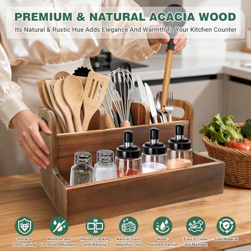Kitchen Utensil Holder for Countertop with 4 Compartments Acacia Large Utensil Holder Wooden Storage for Cooking,Baking,Flatware Tool Kitchen Utensil Organizer - view 3