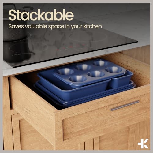 BAKKEN Nonstick Carbon Steel Bakeware Set - 6 Piece Kitchen Baking Trays, Non Toxic Stackable Oven Pans Bundle with Cookie Sheets, 6 Cup Muffin, Roaster, Square Cake, and Loaf Pan for Bread - view 6