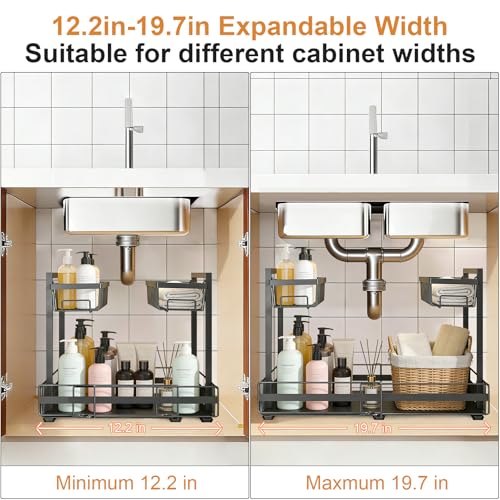 Under Sink Organizer, 1 Pack 2-Tier Expandable Pull Out Storage with Ball-Bearing Slides, Height Adjustable for Kitchen Bathroom Cabinet, Black - view 2