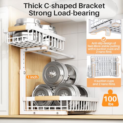 Under Sink Organizer, Adjustable Height, 2 Tier Pull Out Under Cabinet Organizer, Slide Out Thickened Metal Under Sink Storage for Kitchen Bathroom Laundry Pantry Cabinet, White, Large-2-Pack - view 6