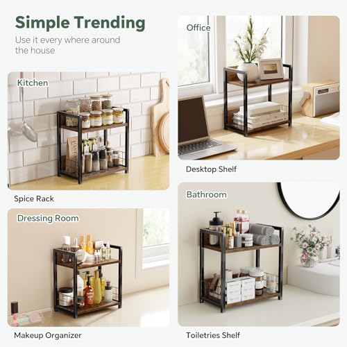 Countertop Shelf Organizer, 2 Tier Kitchen Spice Rack, Coffee Bar Station Storage, for Kitchen Cabinet Bathroom Living Room, Brown, M - view 5