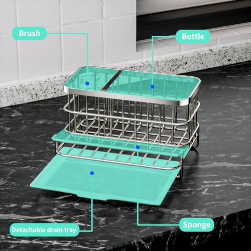 Kitchen Sink Organizer, SUS304 Stainless Steel Rustproof Multifunctional Large Sink Caddy with Sponge Holder and Drain Tray for Kitchen Countertop (Silver) - view 2