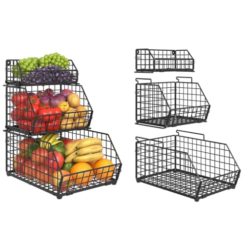 3-Tier Fruit Basket for Kitchen Counter, Stackable Wire Baskets Wall, Potato and Onion Storage Bins, Pantry Organizers, Pantry Storge and Storage for Potato, Onion, Produce, Fruit, Vegetable, Snack