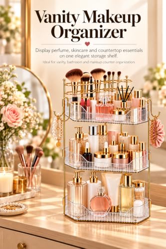 3-Tier Corner Makeup Organizer Countertop, Bathroom Counter Organizer with Removable Brush Holder, Upgraded Shrimmering Vanity Organizer & Shelf for Skincare, Perfume and Bathroom Storage - view 6