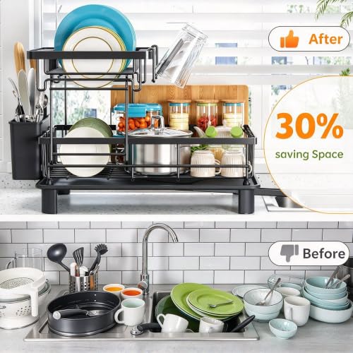 2 Tier Large Detachable Dish Drying Rack for Kitchen Counter,Black - view 6