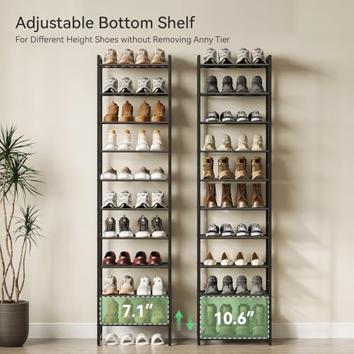Narrow Shoe Rack, 10-Tier Metal Shoe Organizer,Tall Shoe Shelf with Anti-Tip Strap, Max Holds 22 Pairs,Space Saving for Closet,Entryway,Black - view 6