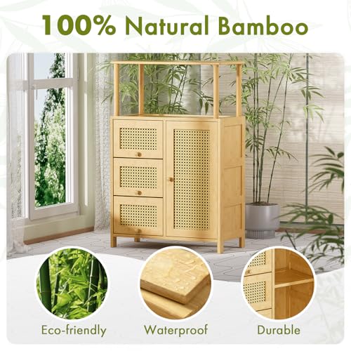 Sideboard Buffet Cabinet with Storage, Bamboo Storage Cabinets, Rattan Sideboard with Adjustable Shelf, Pantry Cupboard for Kitchen Living Room Entry Coffee Bar, Natural Color - view 3
