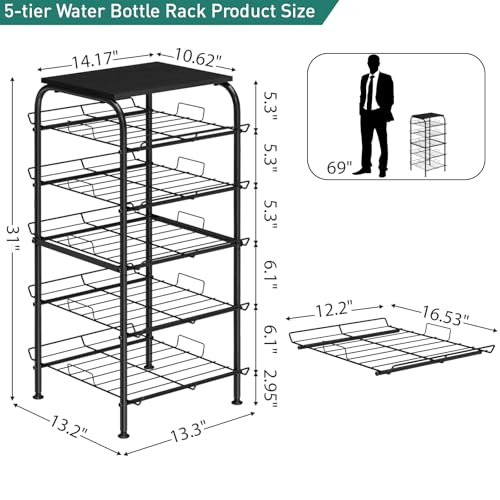 5 Tier Water Bottle Storage Rack Vertical Freestanding Bottled Water Organizer Large Capacity Beverage Drink Soda Can Holder Stand for Kitchen Pantry Home Party Food Storage, Black - view 3