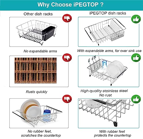 Expandable Dish Drying Rack Over Sink, Rustproof Stainless Steel Basket Shelf, Multifunctional Dish Drainer Organizer with Utensil Cutlery Holder - view 6