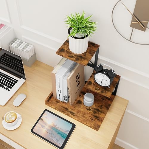Desk Shelf Organizer, Wood Desktop Organizer Small Bookshelf, 3 Tier Storage Shelf Riser Display Stand for Office Decor and Desk Accessories, Rustic Brown Black - view 2