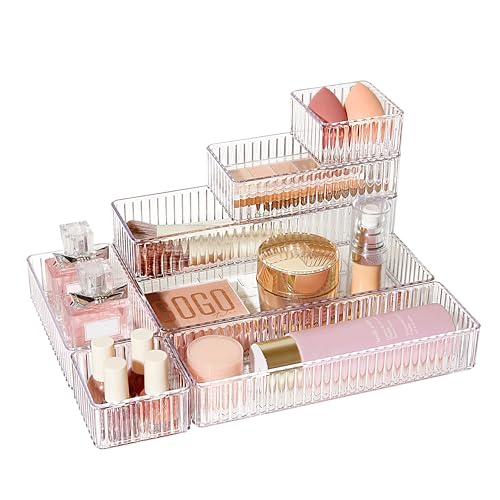 7 PCS Clear Makeup Drawer Organizers Bins, 4-Size Stackable Makeup and Vanity Organizer Trays, Acrylic Bathroom Storage Containers for Cosmetic, Toiletries, Office Supply, Utensils, Gadgets