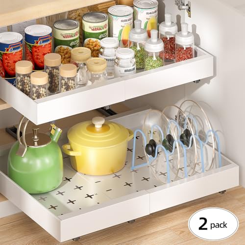 16" Deep Pull Out Cabinet Organizer with 6 Dividers, Expandable (11.7 "-20" W) Pull Out Drawers for Cabinets, Cabinet Trays Pull Out for Cabinets in Kitchen, Pantry or Bathroom, White, 2 Pack - view 6