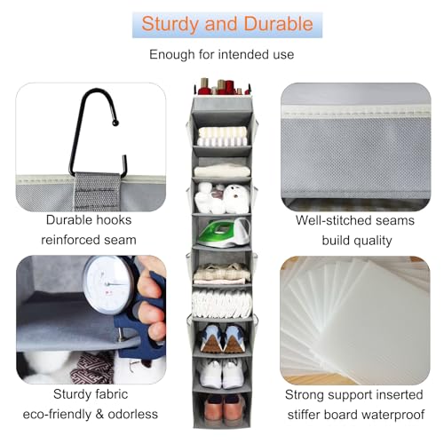 Large-Sized Hanging Shoe Organizer 10-Shelf, Sturdy Hanging Closet Organizer with 8 Side Pockets, Wider Hanging Shelves for Storage Shoes Clothes Jeans Shirts Toys, Grey - view 5