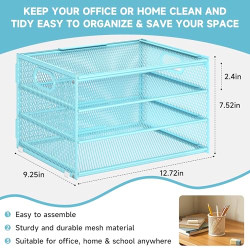 4 Tier Paper Organizer with Handle,Letter Tray Blue Desk Organizer Set - view 5