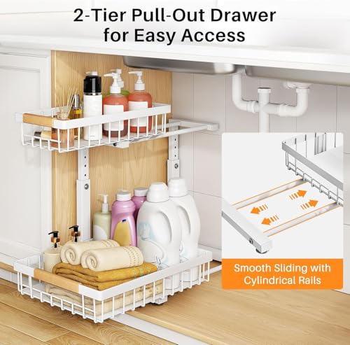 Under Sink Organizer, Adjustable Height, 2 Tier Pull Out Under Cabinet Organizer, Slide Out Thickened Metal Under Sink Storage for Kitchen Bathroom Laundry Pantry Cabinet, White, Large-2-Pack - view 3