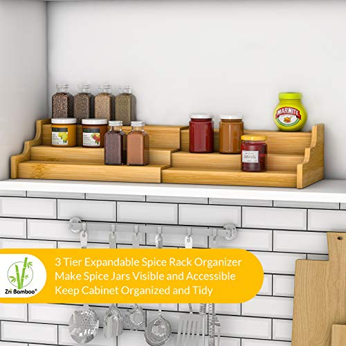 Spice Rack Kitchen Cabinet Organizer- 3 Tier Bamboo Expandable Display Shelf Yellow - view 3