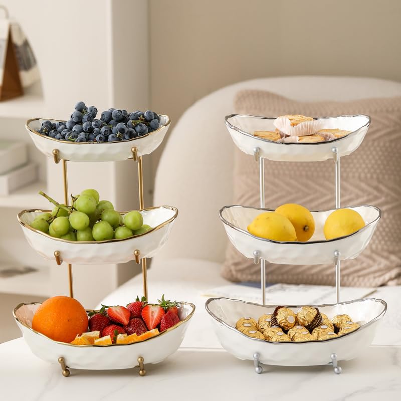 White Fruit Bowl with Gold Metal Stand, 3 Tier Modern Ceramic Fruit Bowl Fruit Rack for Kitchen Counter, Tiered Fruit Basket for Snacks Bread Candy Storage (White,3 Tier) - view 3