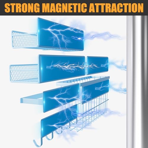 6-Pack Magnetic Shelves for Washing Machine & Refrigerator, Heavy-Duty Laundry Organizer with Hanger Holder & Deep Baskets, Metal Storage System for Laundry Room (Blue) - view 3