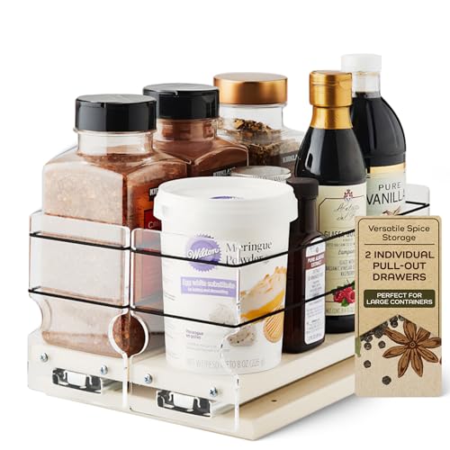 Large Pullout Sliding Spice Rack Organizer - 2 Individual 1 Tier Drawers - Premium Rolling Seasoning Holder/Caddy for Hidden Pantry Storage - Made in USA (6.9''W x 5.0" H x 10.6''D)