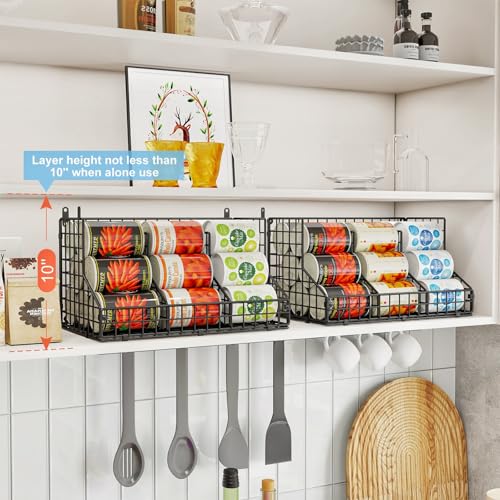 2 Pack Stackable Can Rack Organizer for Pantry Storage,Can Dispensers with 4 Adjustable Dividers, 2-Tier Metal Wire Basket Beverage Pop Soda Rack for Kitchen Cabinet Pantry, Black - view 2