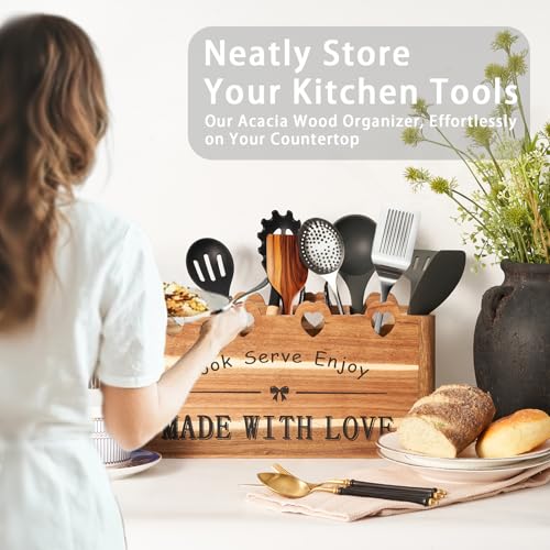 Kitchen Utensil Holder, Large Acacia Wood Organizer for Countertop | Extra Large Farmhouse Style with 4 Compartments, Rustic Wooden Storage for Cooking Tools & Cutlery - view 5