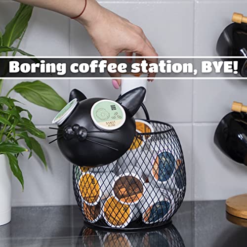 Cat Coffee Pod Holder Basket – Compatible K-Cup Organizer for Countertop Coffee Bar – Cute Kitchen Metal Décor Storage for Keurig Pods, Creamers & Capsules (Black Cat) - view 2